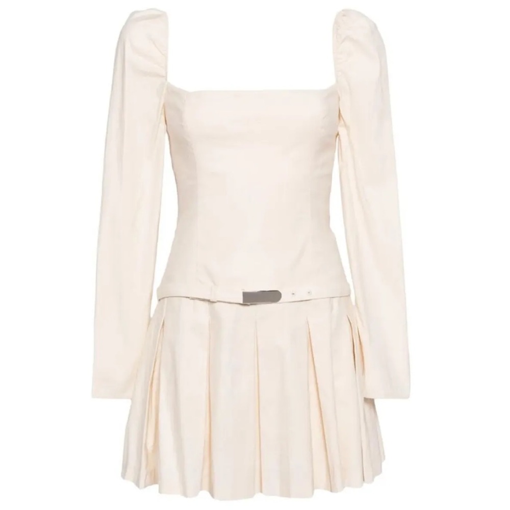 Reformation Luella Long Sleeve Square Neck Pleated Skirt Mini Dress Cream 12 NWT - Picture 3 of 15